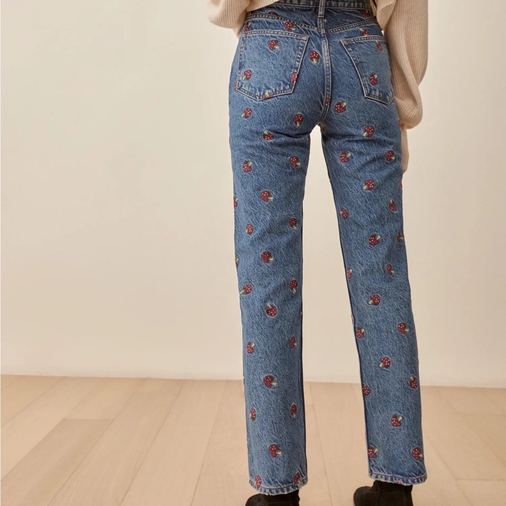 Mushroom Embroidered High Rise Straight Jeans